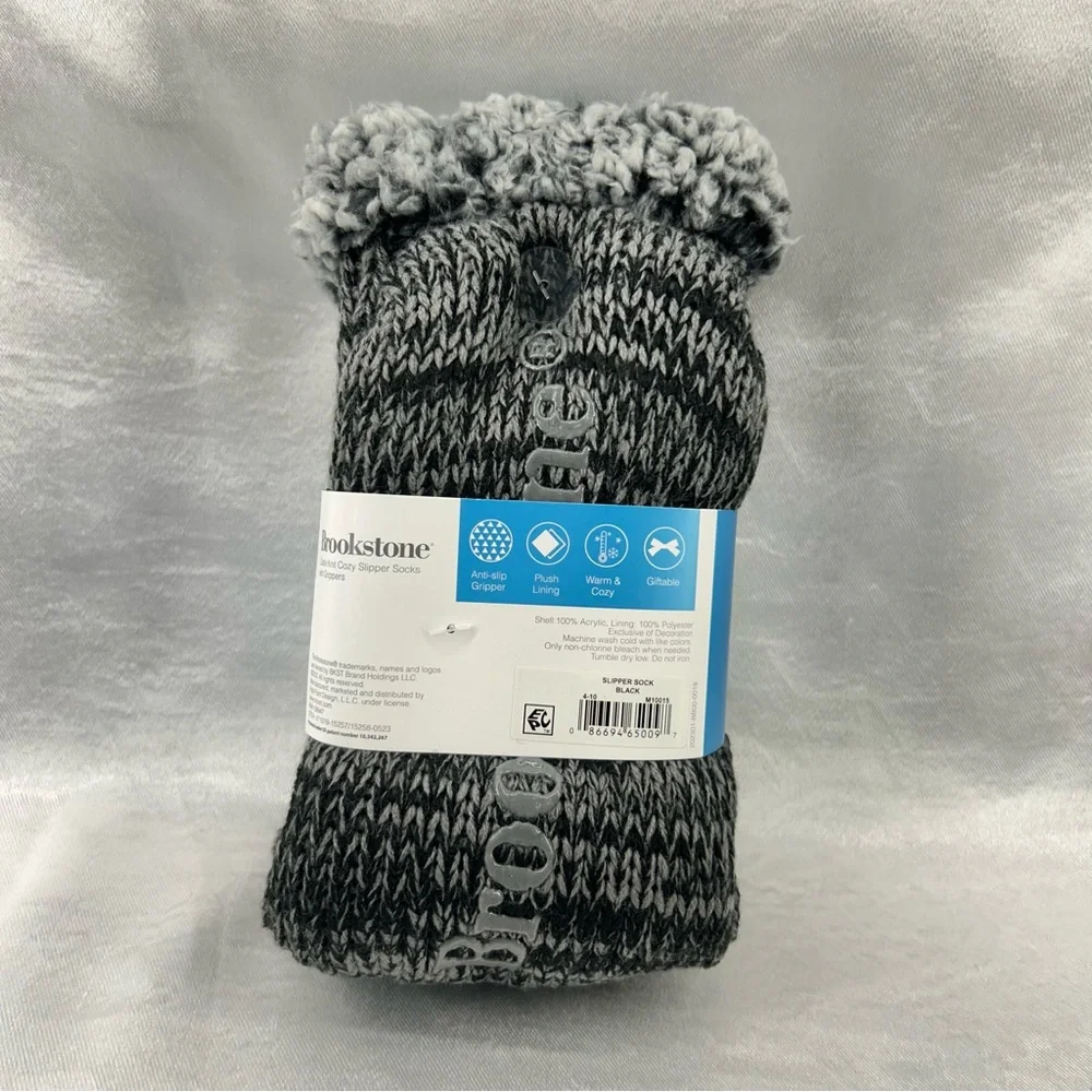 Brookstone Black & Gray Cable Knit Slipper Socks with Grippers Size OS 4-10